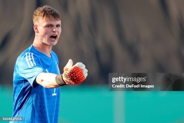 Goalkeeper Jonas Urbig of Germany gestures during the International Friendly match between U21 Germany and U21 Ukraine at Ludwigspark Stadion on...