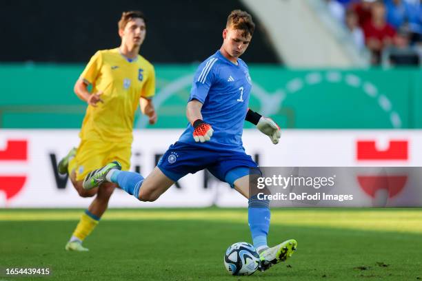 Goalkeeper Jonas Urbig of Germany controls the ball during the International Friendly match between U21 Germany and U21 Ukraine at Ludwigspark...