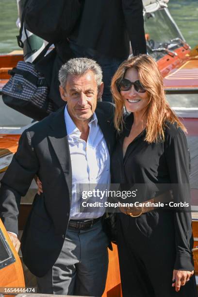 Nicolas Sarkozy and Carla Bruni are seen arriving at the 80th Venice International Film Festival 2023 on September 02, 2023 in Venice, Italy.