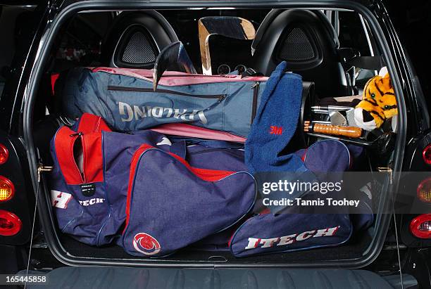 SMARTtrunk-February 12, 2004.The small trunk of a tiny Mercedes Benz SMART car actually fit a hockey bag, and a golf bag and two sticks.shot at the...