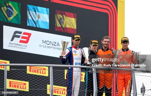 Race winner Franco Colapinto of Argentina and MP Motorsport , Second placed Gabriel Bortoleto of Brazil and Trident , Third placed Mari Boya of Spain...