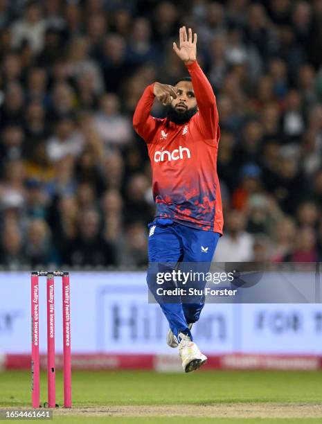 England bowler Adil Rashid in bowling action during the 2nd Vitality T20I match between England and New Zealand at Emirates Old Trafford on September...