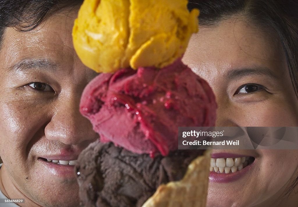 IceCream_BW01_070504--Byoungchul Lee (left) and Irene Kyungmi Kim are the owners of Happy Sailor, an