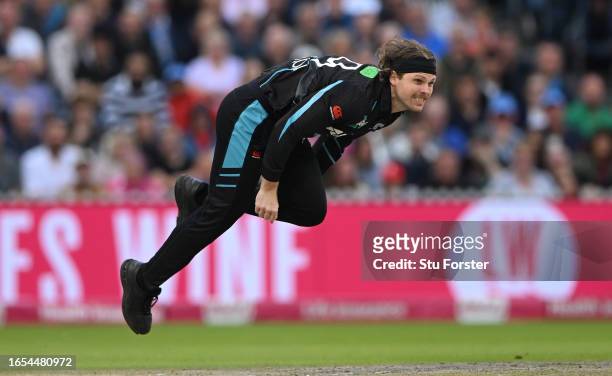 New Zealand bowler Lockie Ferguson in bowling action during the 2nd Vitality T20I match between England and New Zealand at Emirates Old Trafford on...
