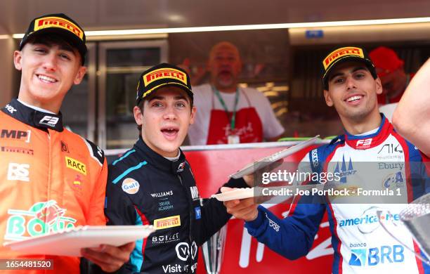 Race winner Franco Colapinto of Argentina and MP Motorsport , Second placed Gabriel Bortoleto of Brazil and Trident and Third placed Mari Boya of...