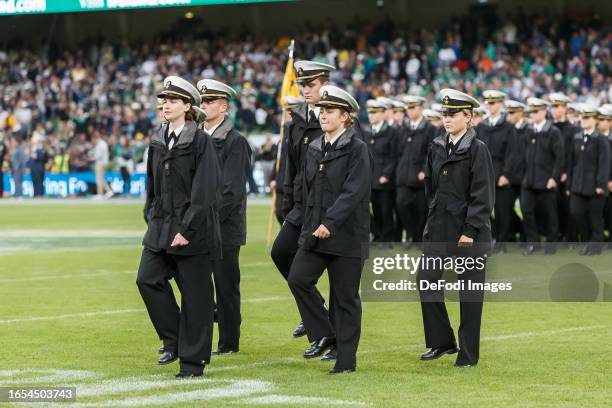 Soldiers of the Navy marching prior to the Aer Lingus College Football Classic match between Notre Dame and Navy at Aviva Stadium on August 26, 2023...