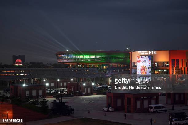 An Illuminated view of Bharat Mandapam at Pragati Maidan during the G20 Summit on September 9, 2023 in New Delhi, India. The Capital wore a deserted...