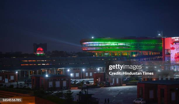 An Illuminated view of Bharat Mandapam at Pragati Maidan during the G20 Summit on September 9, 2023 in New Delhi, India. The Capital wore a deserted...