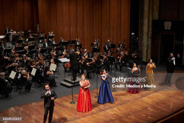 Estudio de la Ópera de Bellas Artes member perform during the symphonic tribute to late singer and composer Jose Alfredo Jimenez at Palacio de Bellas...