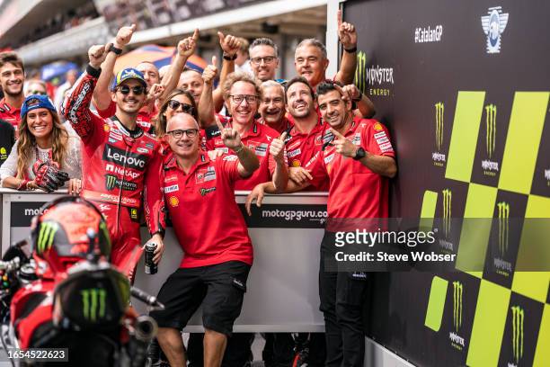 Francesco Bagnaia of Italy and Ducati Lenovo Team celebrates with his team during the qualifying of the MotoGP Gran Premi Monster Energy de Catalunya...