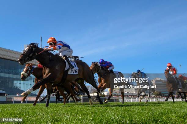 Damian Lane riding Veight defeats Jamie Kah riding Lagacies in Race 5, the Ive Mcneil Stakes, during Melbourne Racing at Caulfield Racecourse on...