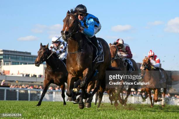 Mitchell Aitken riding Asfoora winning Race 8, the The Mccafe 1100 Stakes, during Melbourne Racing at Caulfield Racecourse on September 02, 2023 in...