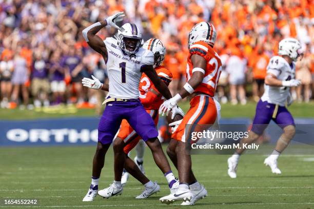 Reggie Brown of the James Madison Dukes celebrates a first down in the first half during a game against the Virginia Cavaliers at Scott Stadium on...