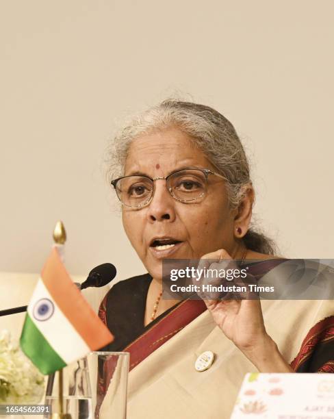 Finance Minister Nirmala Sitaraman addressing the press conference during the G20 Summit at International Media Centre , on September 9, 2023 in New...