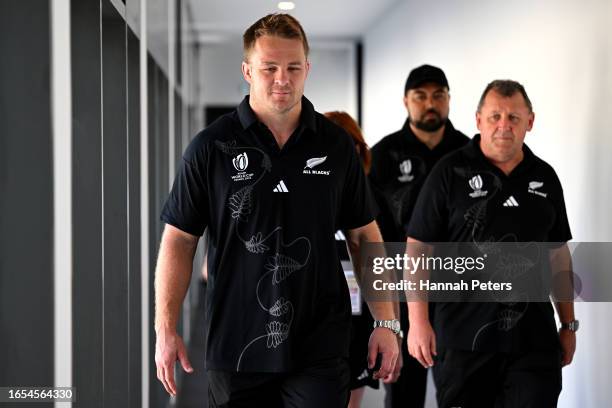 Sam Cane of the All Blacks arrives for a New Zealand All Blacks press conference, ahead of the Rugby World Cup France 2023 on September 02, 2023 in...