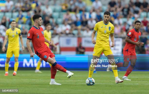 Declan Rice , Roman Yaremchuk during Ukraine vs England European EURO 2024 Qualifiers match, in Wroclaw, Poland on September 9, 2023.
