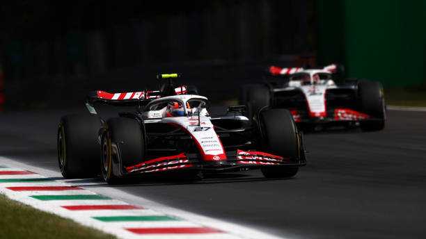 MONZA, ITALY - SEPTEMBER 02: Nico Hulkenberg of Germany driving the (27) Haas F1 VF-23 Ferrari and Kevin Magnussen of Denmark driving the (20) Haas F1 VF-23 Ferrari on track during final practice ahead of the F1 Grand Prix of Italy at Autodromo Nazionale Monza on September 02, 2023 in Monza, Italy.