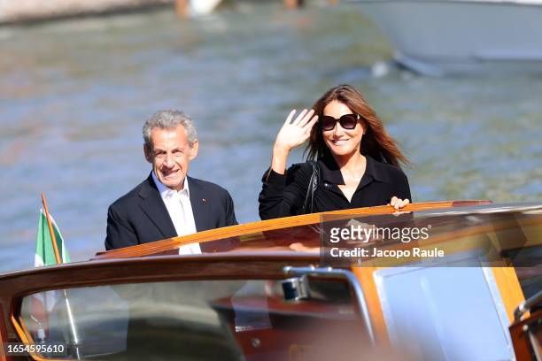 Nicolas Sarkozy and Carla Bruni are seen arriving at the 80th Venice International Film Festival 2023 on September 02, 2023 in Venice, Italy.