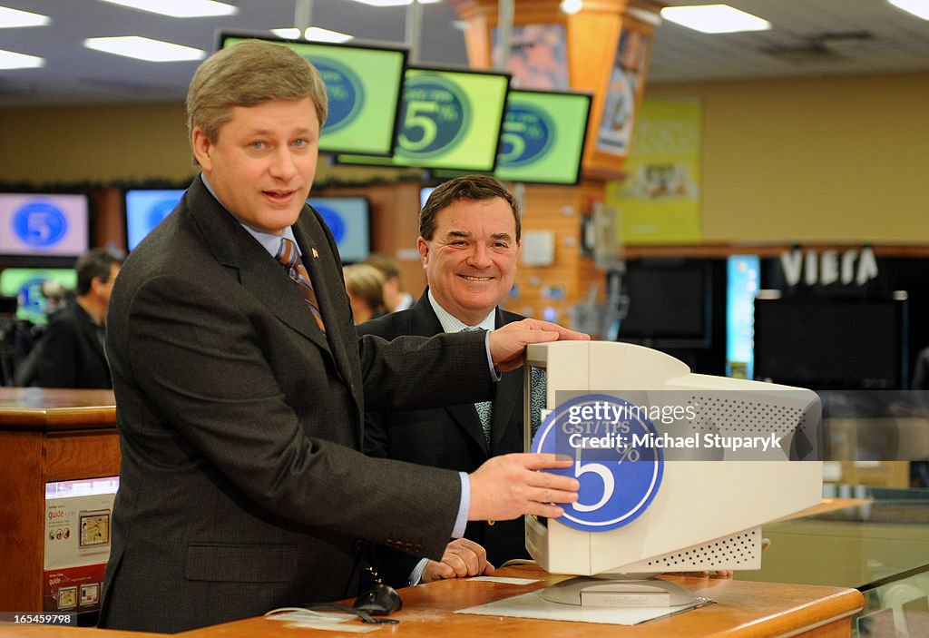 12/31/07 Prime Minister Stephen Harper announces reduction in GST to 5 % .Finance Minister Jim Flahe