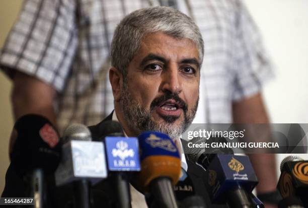 Newly elected Hamas political leader Khaled Meshaal speaks at political conference on Palestine on April 4, 2013 in Cairo. Meshaal's reelection as...