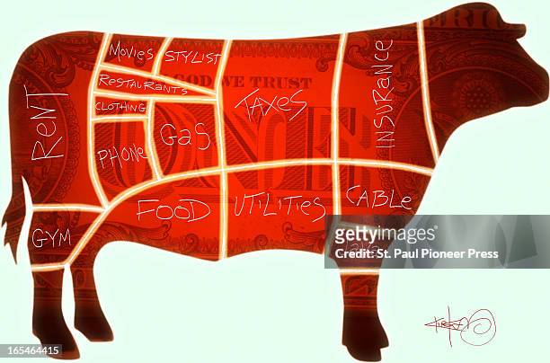 Col x 6.4 in / 246x163 mm / 837x553 pixels Kirk Lyttle color illustration of cuts of beef on a cow labeled as family budget items: rent, gas, food,...