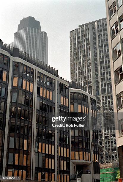 Damage following the IRA Bishopsgate bomb outside 99 Bishopsgate on 24th April 1993. In this shot, Kempson House , 99 Bishopsgate in the middle and...