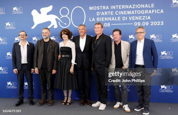 Milan Peschel, Fortunato Cerlino, Fanny Ardant, Luca Barbareschi, Oliver Masucci, Joaquim de Almeida, and Paolo Del Brocco attend a photocall for the...