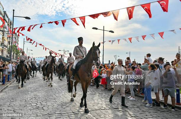 Cavalry troops attend Victory march organized for the 101st anniversary of the liberation of Izmir at Kordon Square in Izmir, Turkiye on September...