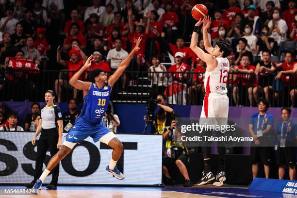 Yuta Watanabe of Japan shoots a three point shot under pressure from Kenneti Mendes of Cape Verde during the FIBA Basketball World Cup Classification...