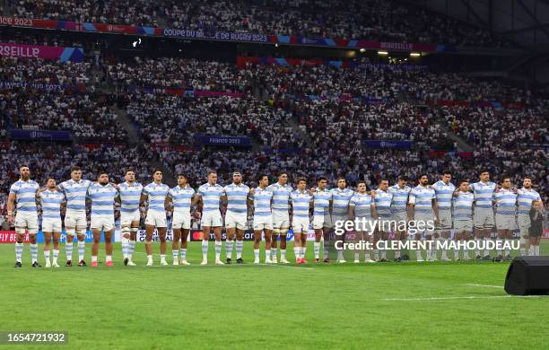 Argentina's team players line up for national anthems before the France 2023 Rugby World Cup Pool D match between England and Argentina at the...
