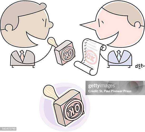 Col x 3.5 in / 96x89 mm / 327x302 pixels David Steinlicht color illustration of a businessman giving a stamp of approval to a contract.