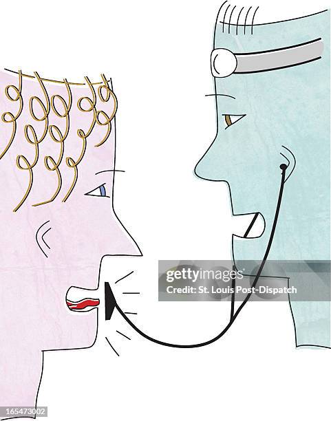 Col x 12.3 in / 246x312 mm / 837x1063 pixels Reagan Branham color illustration of a patient speaking to a doctor through his stethoscope.