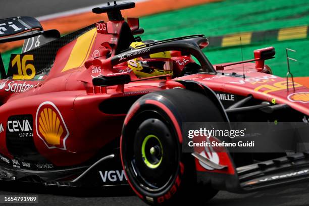 Charles Leclerc of Monaco driving for Ferrari F1 Team during qualifying ahead of the F1 Grand Prix of Italy at Autodromo di Monza on September 2,...