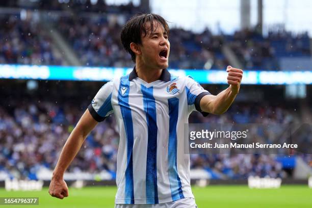 Takefusa Kubo of Real Sociedad celebrates after scoring the team's second goal during the LaLiga EA Sports match between Real Sociedad and Granada CF...