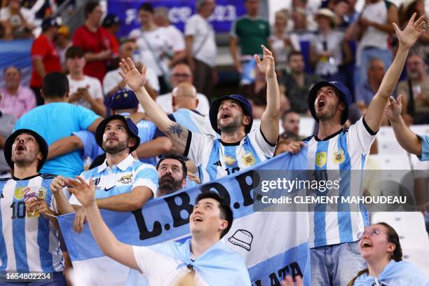 Argentina's supporters cheer in the stands during the France 2023 Rugby World Cup Pool D match between England and Argentina at the Velodrome Stadium...