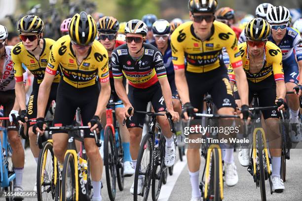 Jonas Vingegaard of Denmark and Team Jumbo-Visma, Remco Evenepoel of Belgium and Team Soudal - Quick Step and Primoz Roglic of Slovenia and Team...