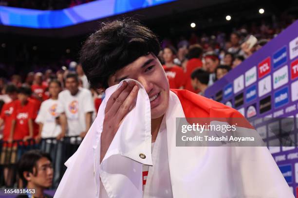 Yuta Watanabe of Japan celebrates the victory after the FIBA Basketball World Cup Classification 17-32 Group O game between Japan and Cape Verde at...