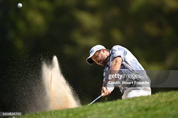 Romain Langasque of France plays his bunker shot on the foth hole during Day Three of the Omega European Masters at Crans-sur-Sierre Golf Club on...