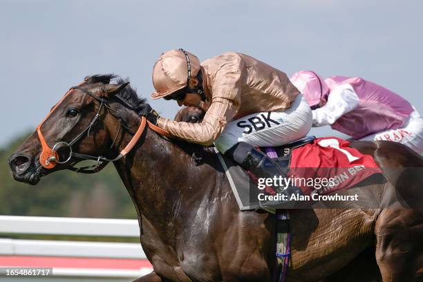 Sean Levey riding heredia win The Virgin Bet Atalanta Stakes at Sandown Park Racecourse on September 02, 2023 in Esher, England.