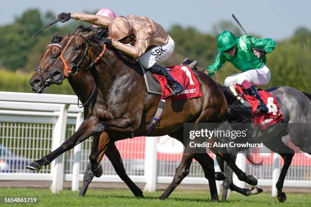 Sean Levey riding heredia win The Virgin Bet Atalanta Stakes at Sandown Park Racecourse on September 02, 2023 in Esher, England.