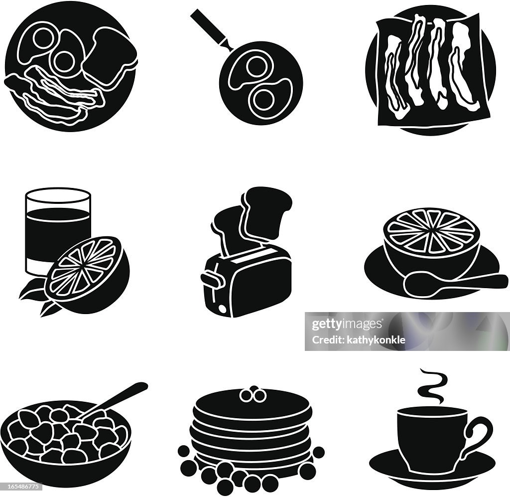 Black icons displaying various breakfast foods