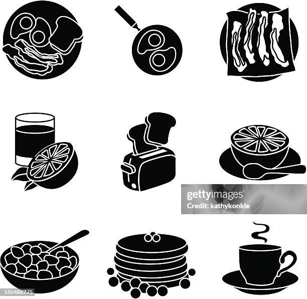 black icons displaying various breakfast foods - bacon bits stock illustrations