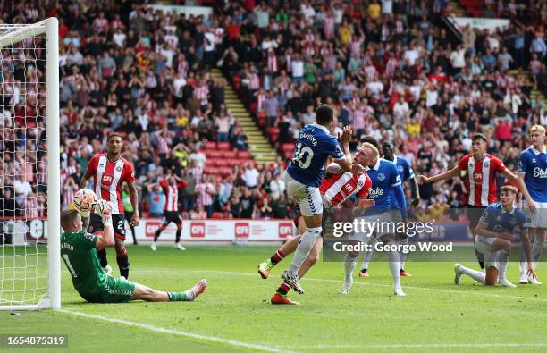 Jordan Pickford of Everton makes a save during the Premier League match between Sheffield United and Everton FC at Bramall Lane on September 02, 2023...