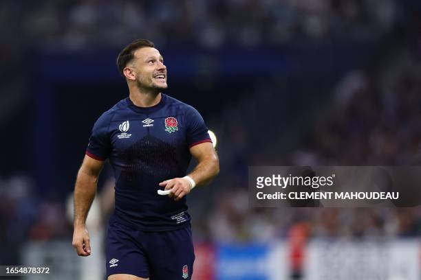 England's scrum-half Danny Care reacts during the France 2023 Rugby World Cup Pool D match between England and Argentina at the Velodrome Stadium in...