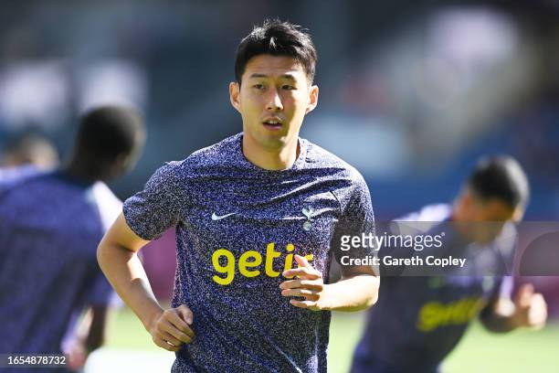 Heung-Min Son of Tottenham Hotspur warms up prior to the Premier League match between Burnley FC and Tottenham Hotspur at Turf Moor on September 02,...