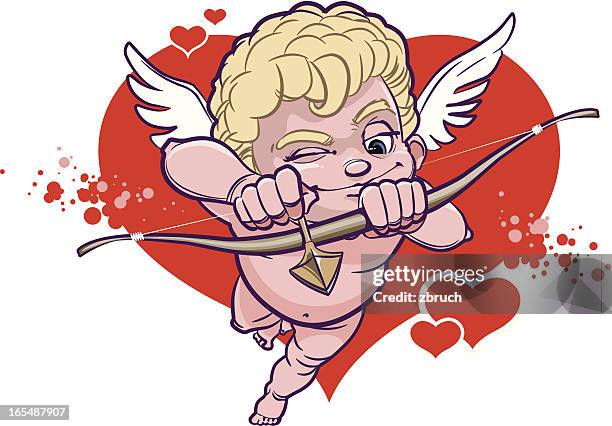 ilustrações de stock, clip art, desenhos animados e ícones de cupido com arco é apontar para o alvo - funny cupid