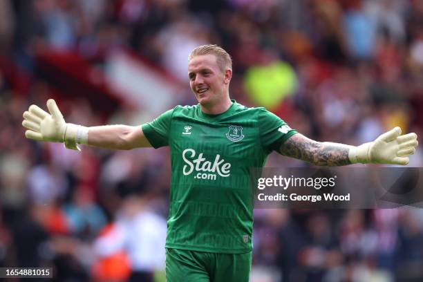 Jordan Pickford of Everton reacts after making a save during the Premier League match between Sheffield United and Everton FC at Bramall Lane on...