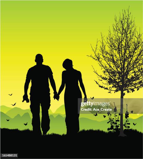couple on a romantic walk - young couple thinking stock illustrations