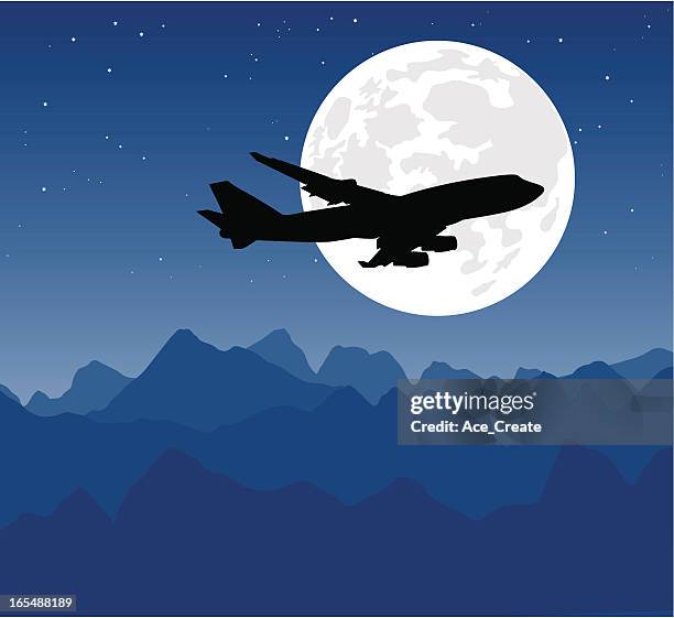 stockillustraties, clipart, cartoons en iconen met night flight against the moon - bedrijfsvliegtuig