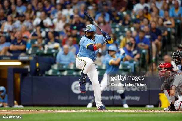 Carlos Santana of the Milwaukee Brewers up to bat against the Philadelphia Phillies at American Family Field on September 01, 2023 in Milwaukee,...